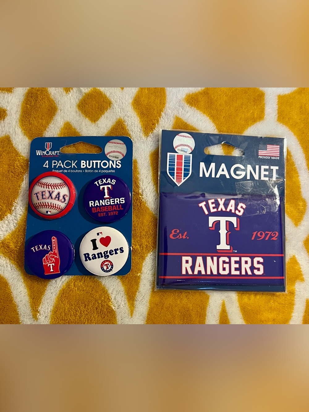 WinCraft Texas Rangers MLB 4 Pack Buttons + Team Magnet Blue Red White